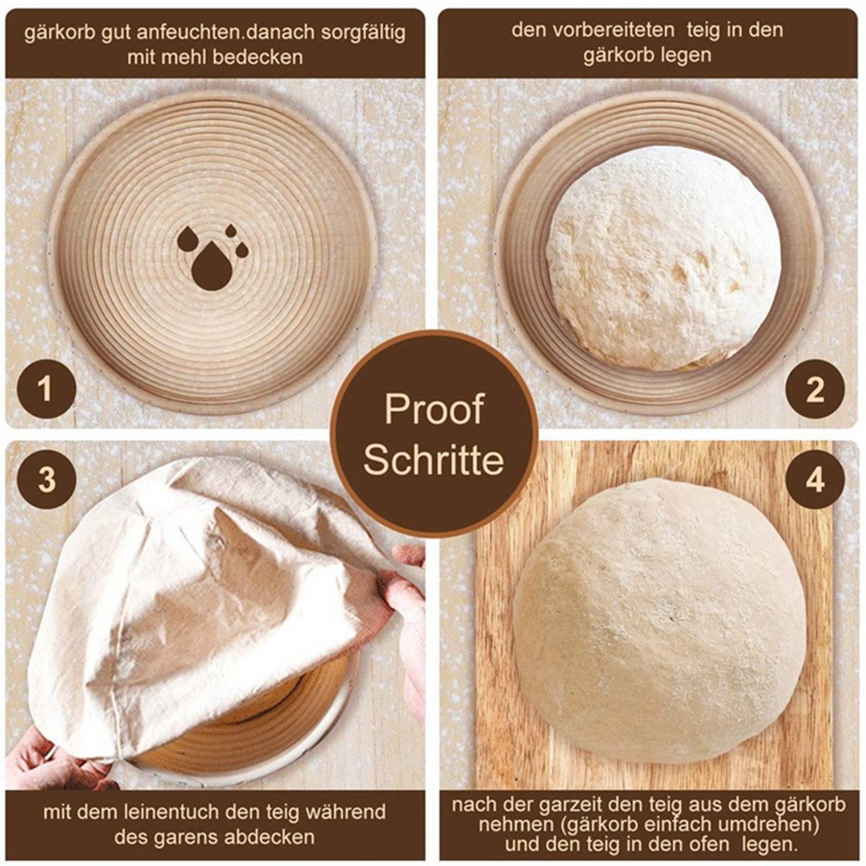 Proofing Basket Banneton - Yuvarlak Set, Ekmek ve Ekmek Hamuru